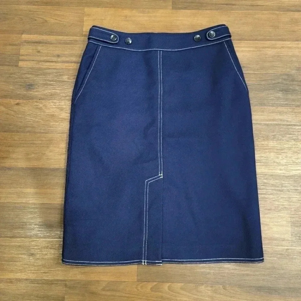 Ann Taylor Factory Navy Blue White Stitch Detail Pencil Skirt Lined Petite 00P